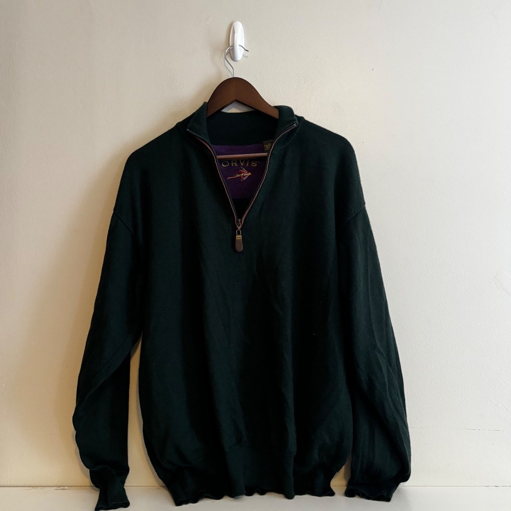 Orvis Men's Green Purple Quarter Zip 100% Merino Wool Sweater XL VTG Fall Staple